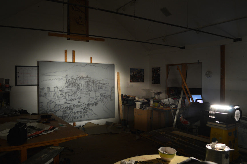 Wall projection of Vancouver drawing in Michael Birawer Studio