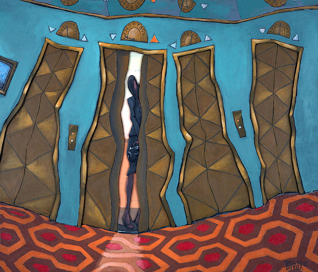 Woman in Elevator Cutout Painting